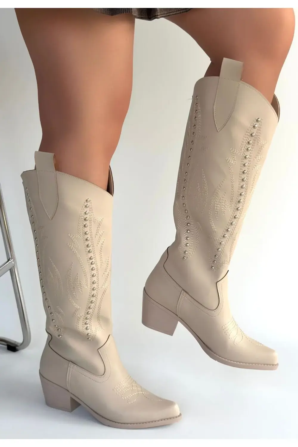 Meof Bej Cilt Topuklu Çizme