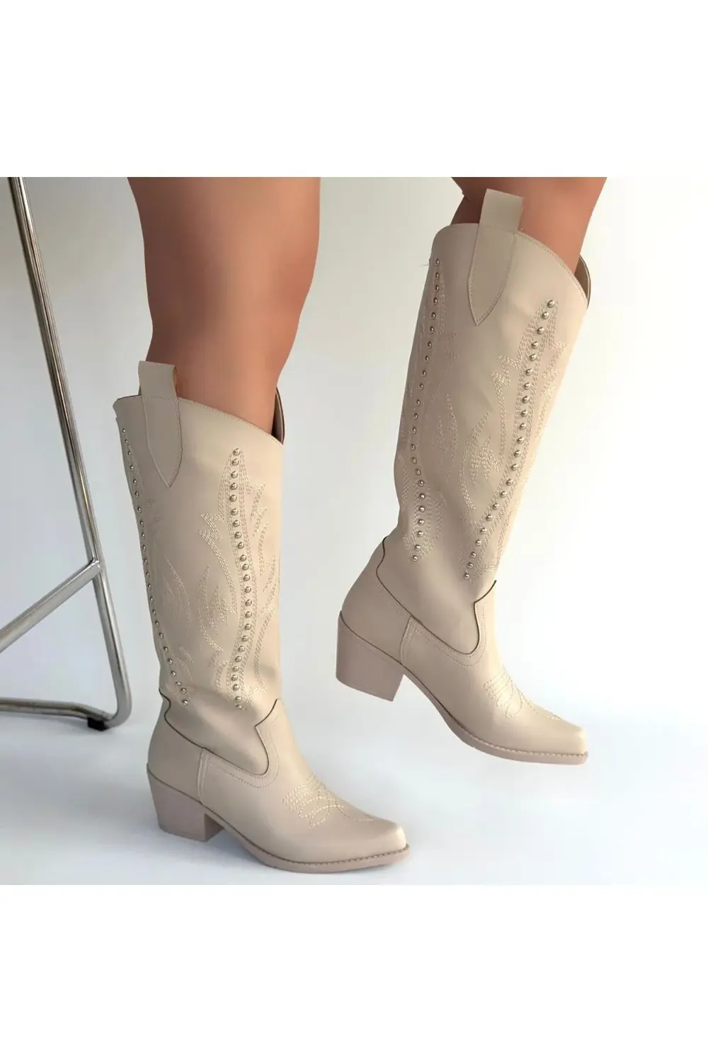 Meof Bej Cilt Topuklu Çizme