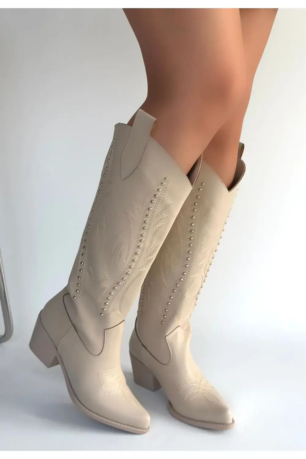 Meof Bej Cilt Topuklu Çizme