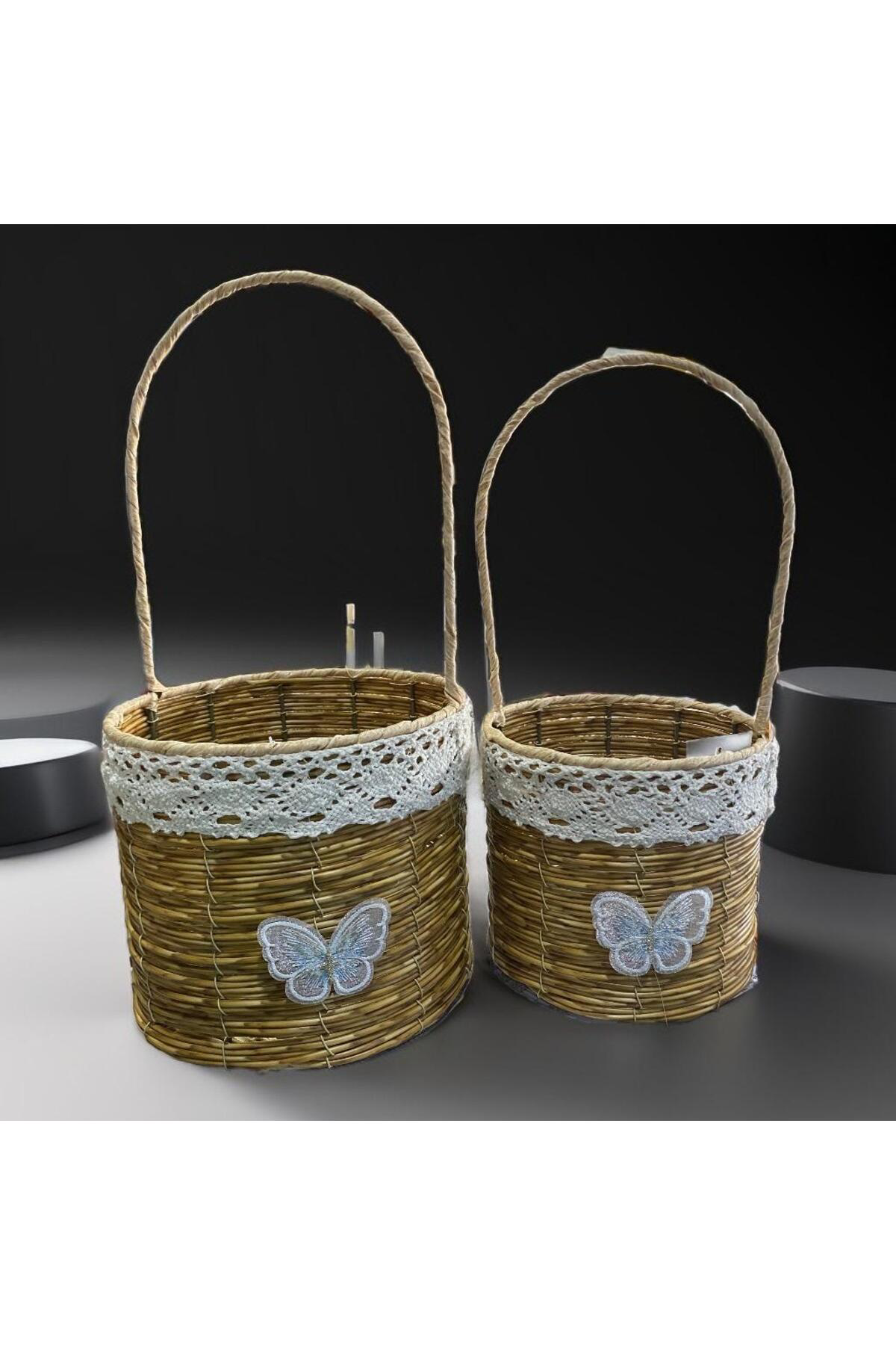 Elif Aksesuar Mercan Dekoratif 2 Li Hasir Sepet Yuvarlak