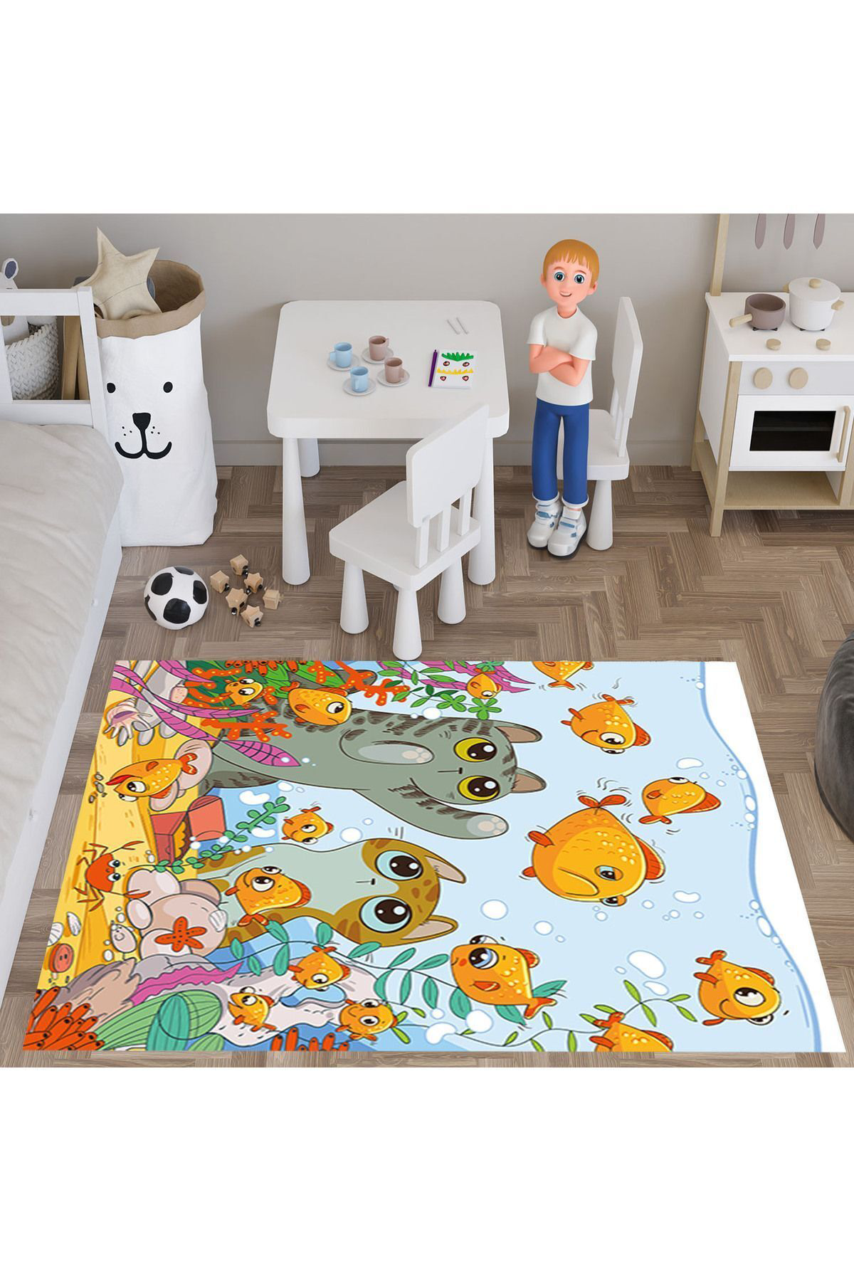 Evan Home Mercanlarin Desenli Çocuk Odasi Takim Perde (İki Kanat),Yatak Örtüsü,Yastik,Kirlent ,Hali,Tablo