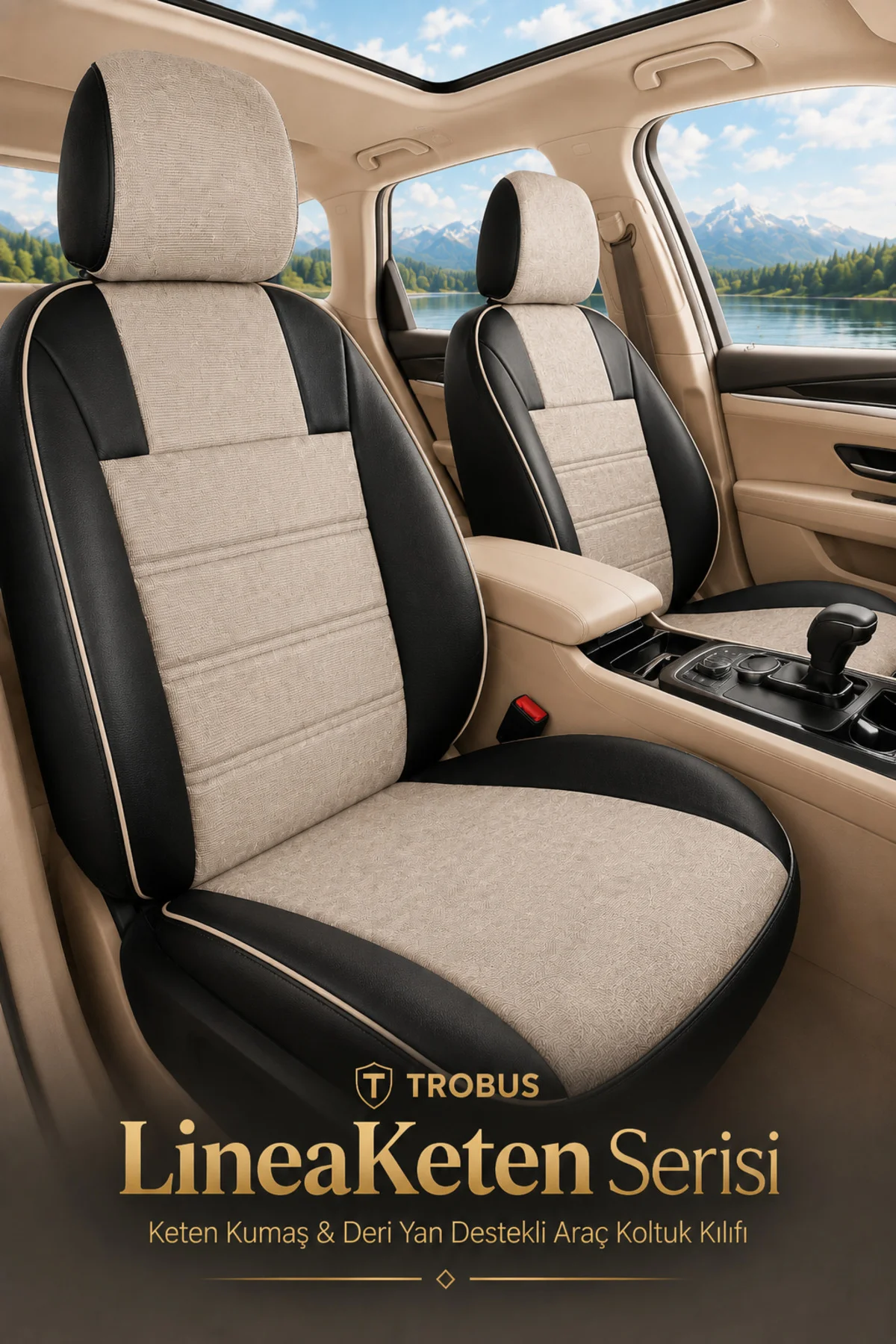 Mercedes 190 W201 1990 ve Sonrası Uyumlu LineaKeten Serisi Ortopedik Bej Siyah Bej Koltuk Kılıfı