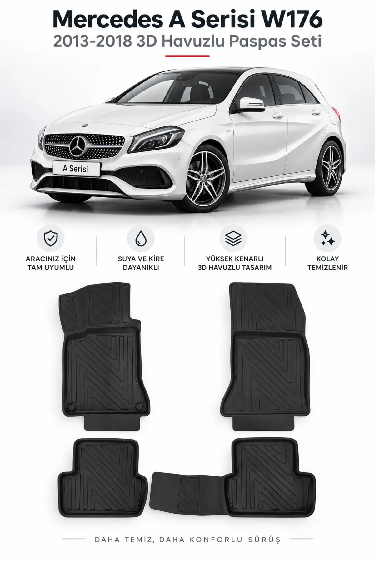 Mercedes A Serisi W176 2013-2018 Karbon Desenli Premium 3D Havuzlu Oto Paspas