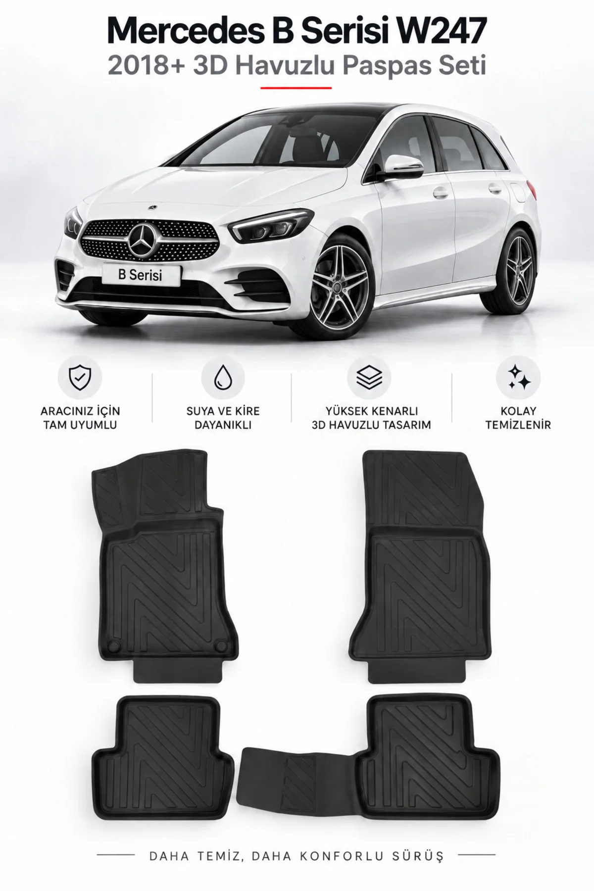 Mercedes B Serisi W247 2018 Sonrası Karbon Desenli Premium 3D Havuzlu Oto Paspas