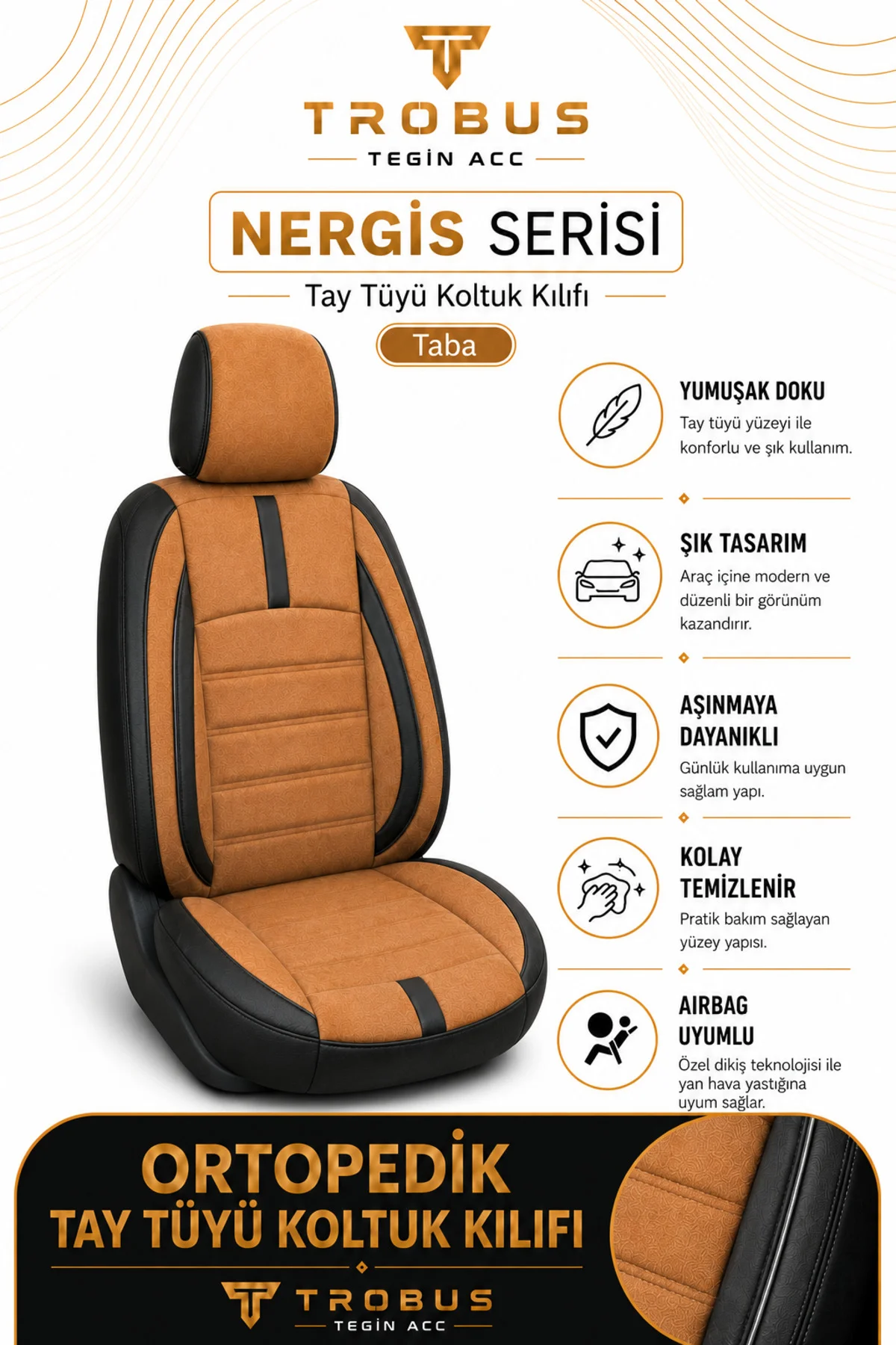 Mercedes C 180 Amg 7G 2010 2011 2012 2013 2014 Uyumlu Taba Siyah Nergis Serisi Ortopedik Tay Tüyü
