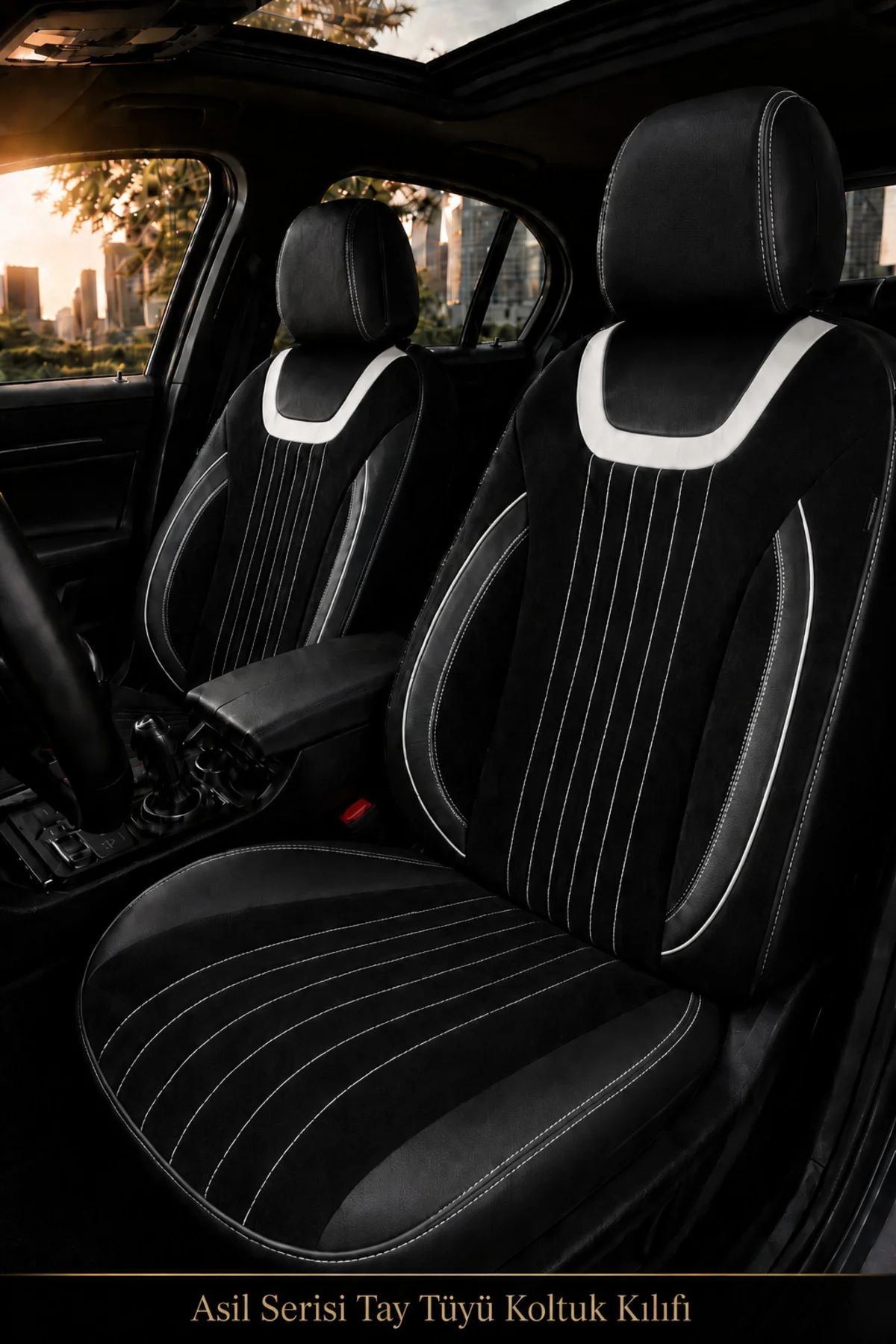 Mercedes C 2010+ Uyumlu Asil Serisi Ortopedik Tay Tüyü Siyah Beyaz Koltuk Kılıfı