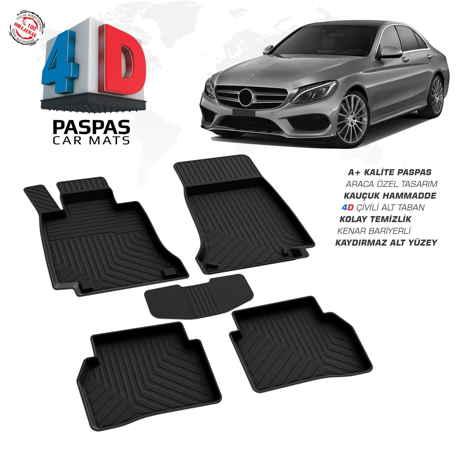 Mercedes C Serisi W205 4D Araca Özel Havuzlu Kauçuk Paspas 2015 v