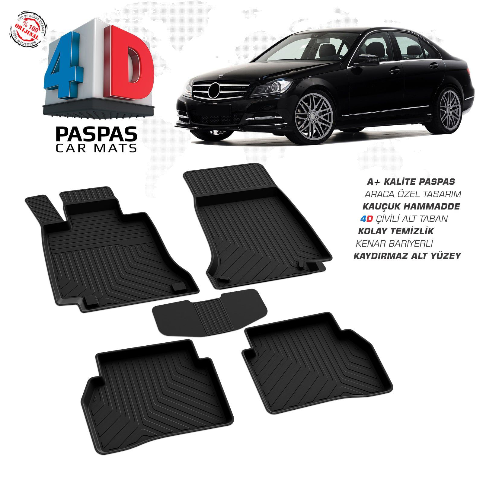 Mercedes C Serisi W204 4D Araca Özel Havuzlu Kauçuk Paspas 2007-2