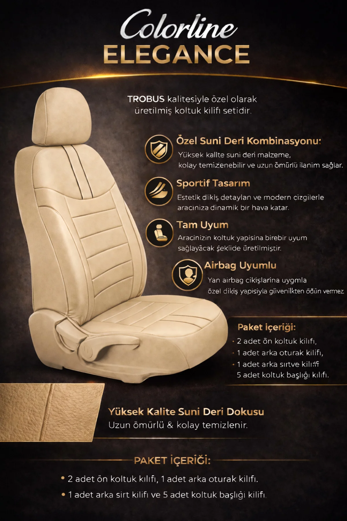 Mercedes C Serisi 2010 ve Sonrası Uyumlu Colorline Elegance Deri Bej Koltuk Kılıfı