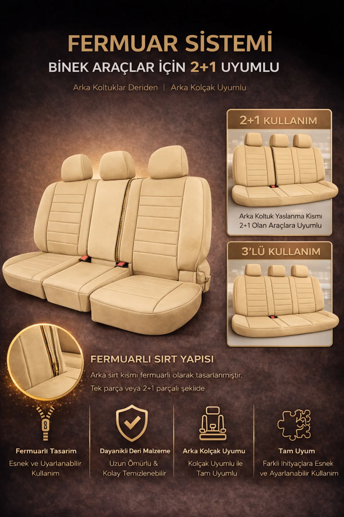 Mercedes C Serisi 2010 ve Sonrası Uyumlu Colorline Elegance Deri Bej Koltuk Kılıfı