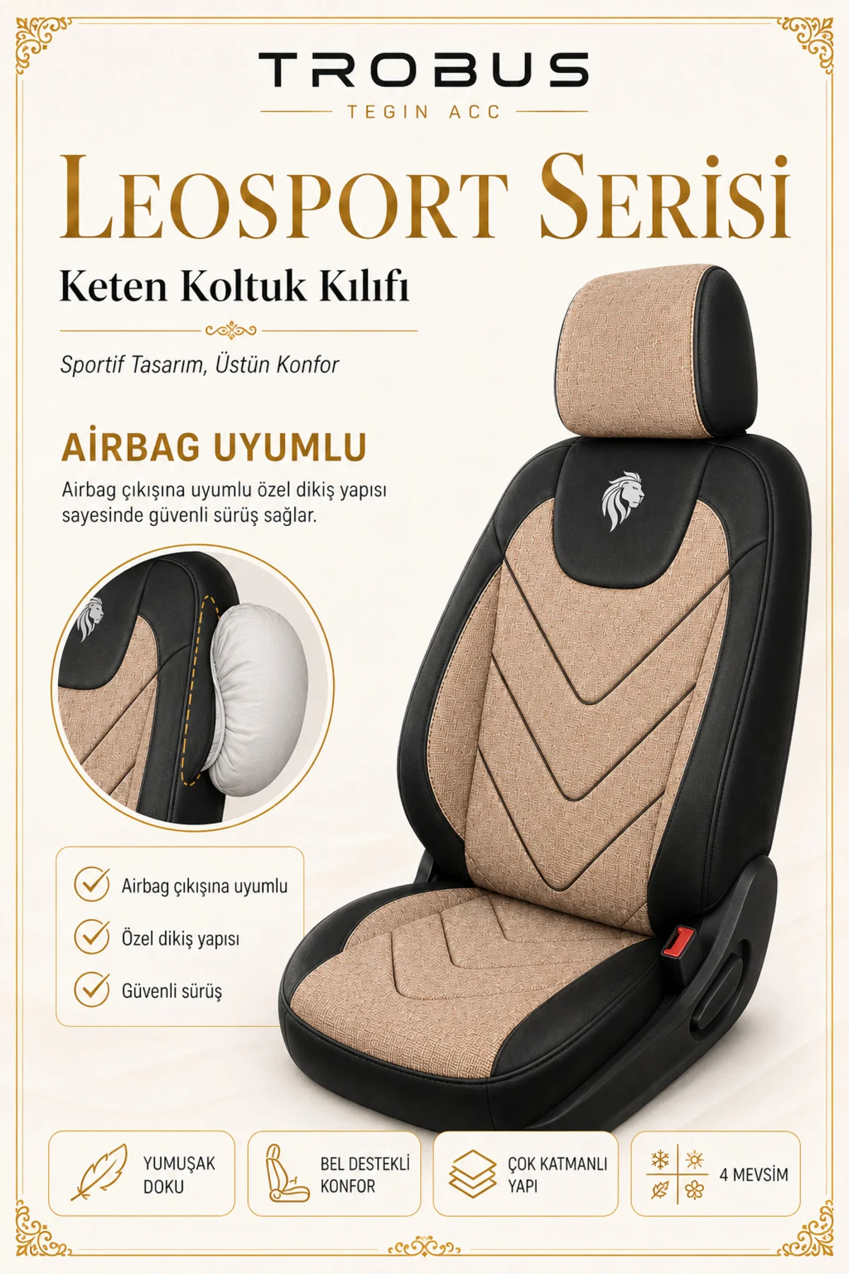 Mercedes C Serisi Amg W205 2014 ve Sonrası Uyumlu LeoSport Serisi Bej Siyah Ortopedik Keten Koltuk Kılıfı Fiyatı, Yorumları ve Özellikleri