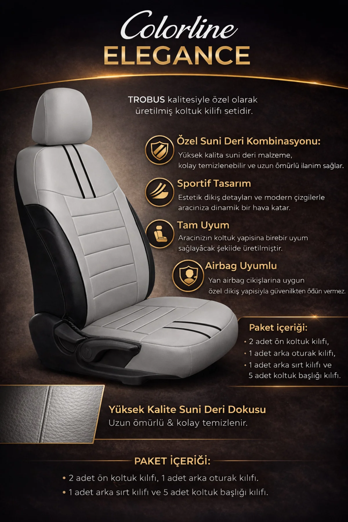 Mercedes C Serisi Amg W205 2014 ve Sonrası Uyumlu Colorline Elegance Deri Gri Siyah Koltuk Kılıfı