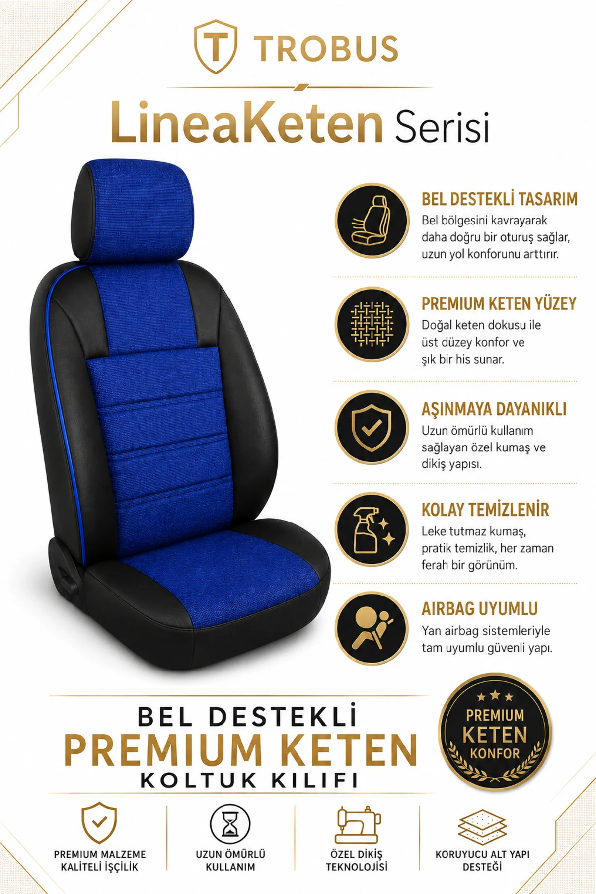 Mercedes C Serisi Amg W205 2014 ve Sonrası Uyumlu LineaKeten Serisi Ortopedik Mavi Siyah Mavi