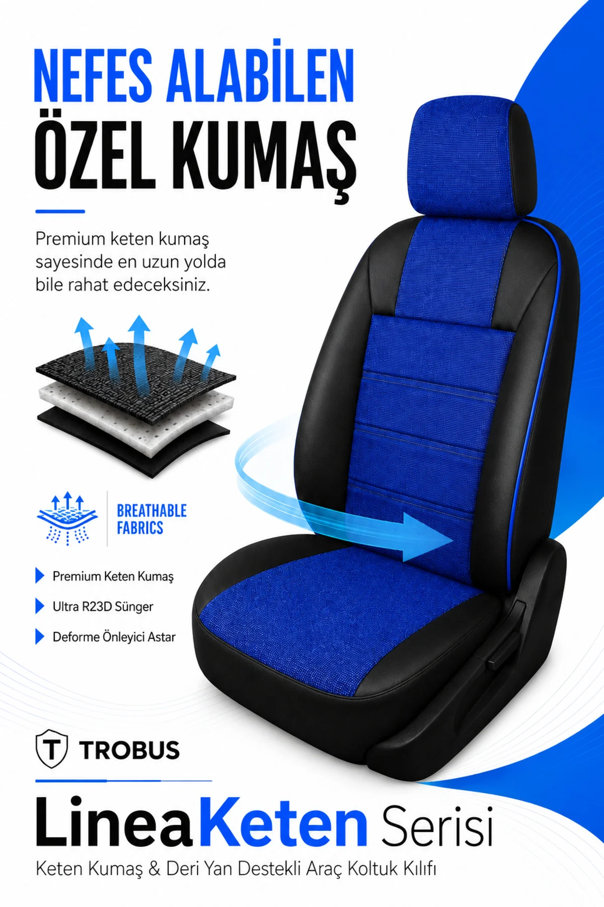 Mercedes C Serisi Amg W205 2014 ve Sonrası Uyumlu LineaKeten Serisi Ortopedik Mavi Siyah Mavi