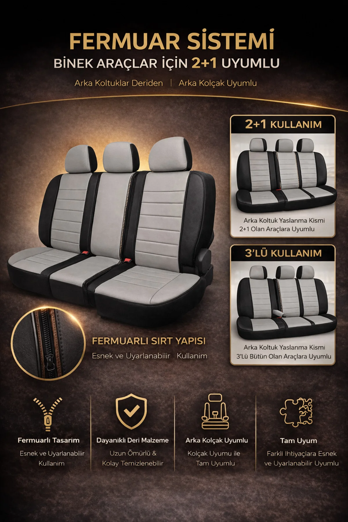Mercedes C Serisi Amg W205 2014 ve Sonrası Uyumlu Colorline Elegance Deri Gri Siyah Koltuk Kılıfı
