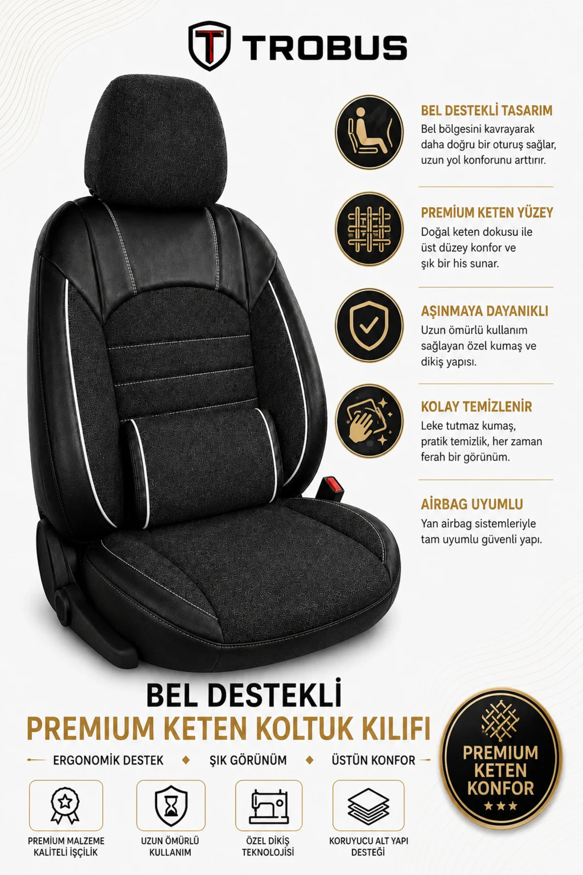 Mercedes C180 Amg 7G 2010-2014 Uyumlu Levante Serisi Bel Destekli Keten Füme Beyaz Koltuk Kılıfı