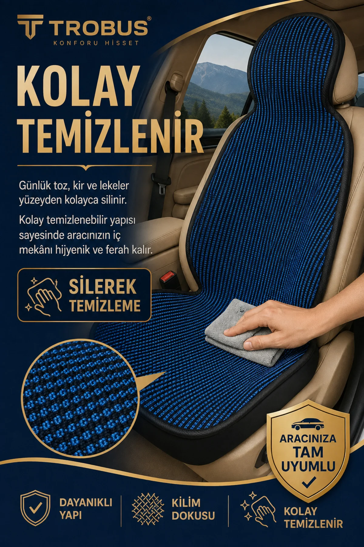 Mercedes C180 AMG 7G 2010-2014 Üniversal Örme 3 Parça Minder Terletmez Kaymaz Taban Siyah Mavi - Görsel 6
