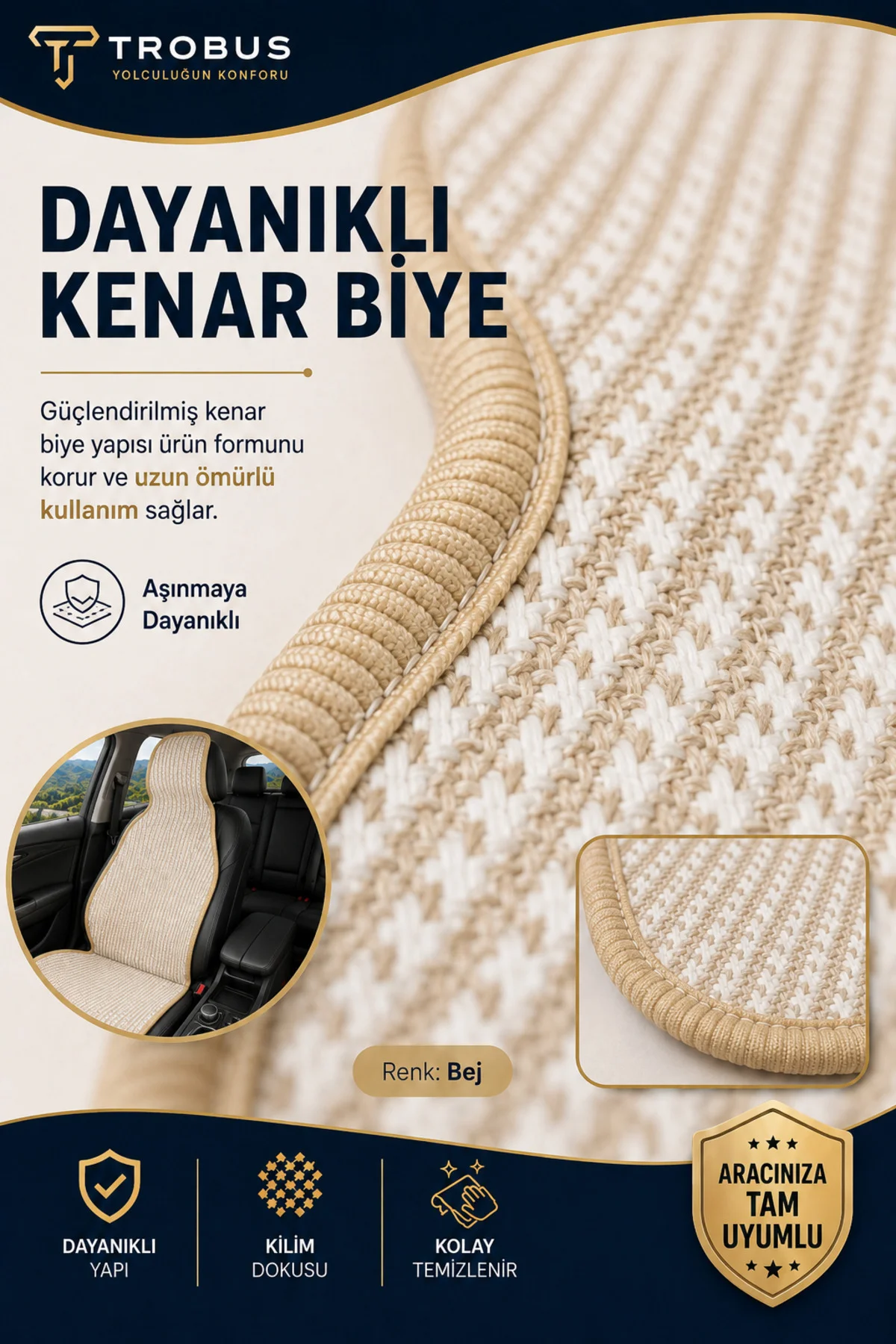 Mercedes C180 AMG 7G 2010-2014 Üniversal Örme 3 Parça Minder Terletmez Kaymaz Taban Bej