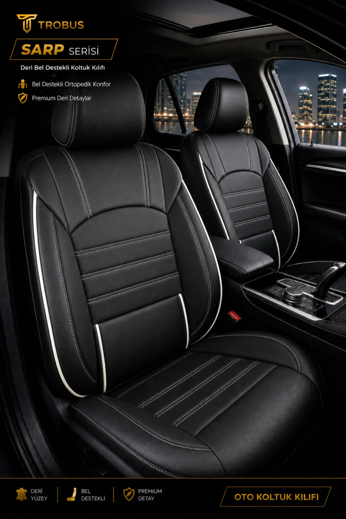 Mercedes C200 D Bluetec Sedan 2017 Aracınıza Uyumlu Siyah Beyaz Sarp Serisi Bel Destekli Kılıf