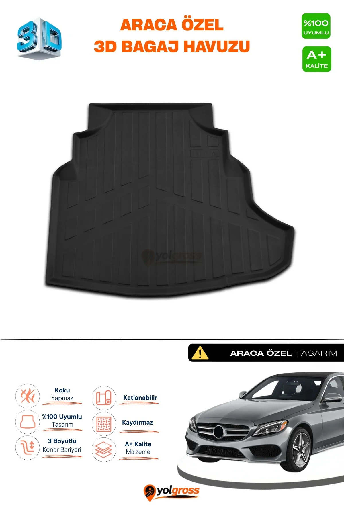 Mercedes C200 W205 3D Pro Plastik Setli Bagaj Havuzu 2014-2021 A+ Kalite