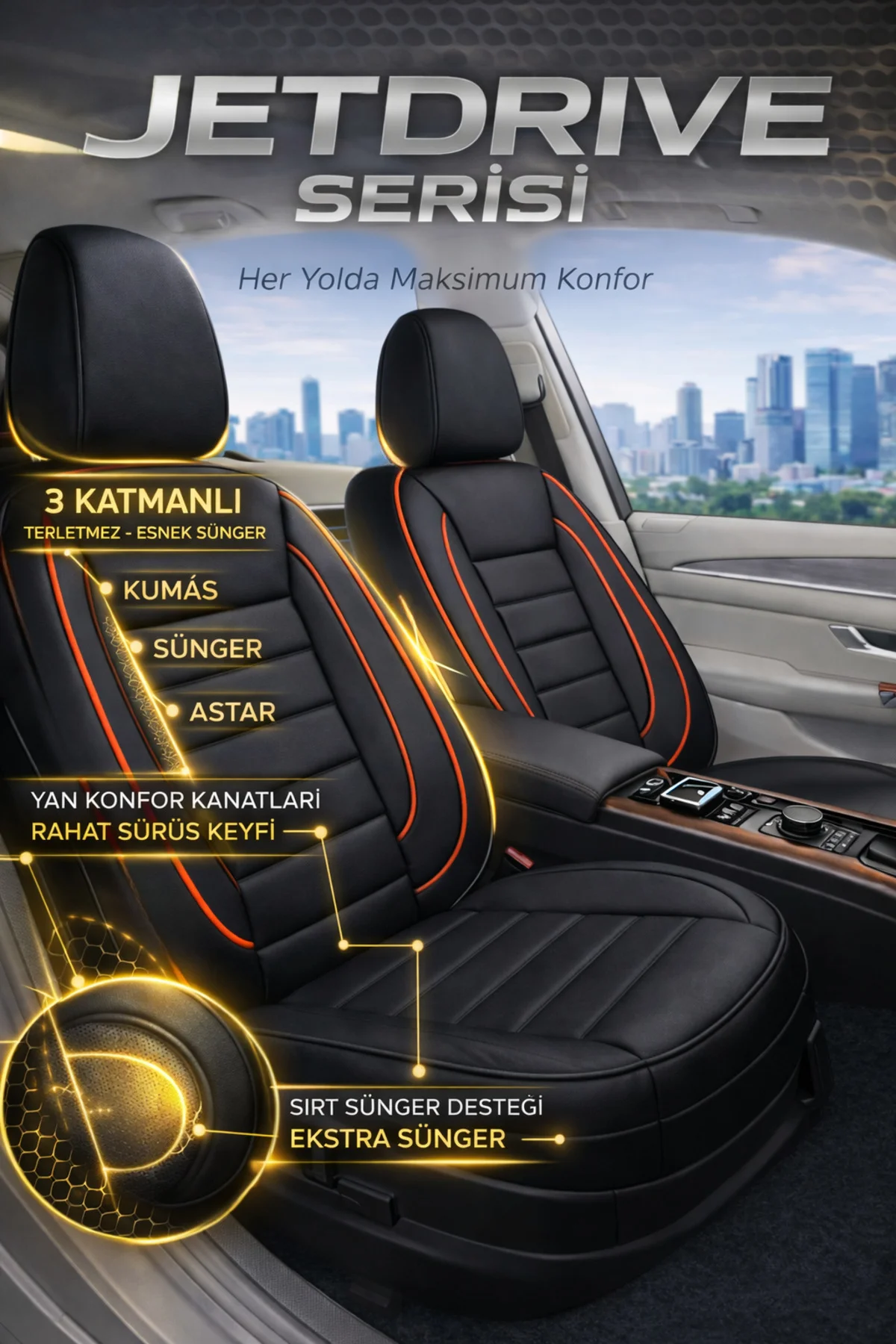 Mercedes CLA Serisi 2013 ve Sonrası Uyumlu Jetdrive Serisi Siyah Kırmızı Oto Koltuk Kılıfı Tam Set