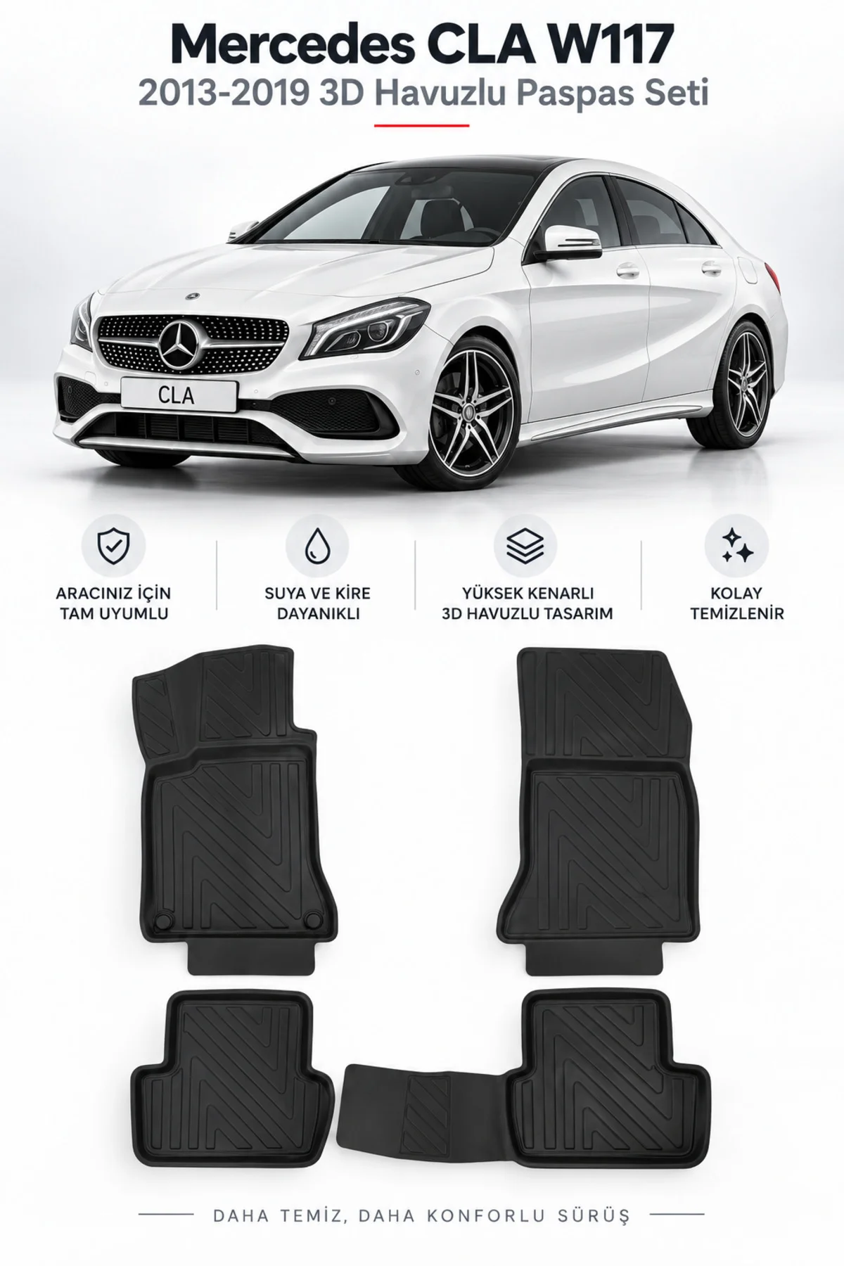 Mercedes CLA W117 2013-2019 Karbon Desenli Premium 3D Havuzlu Oto Paspas