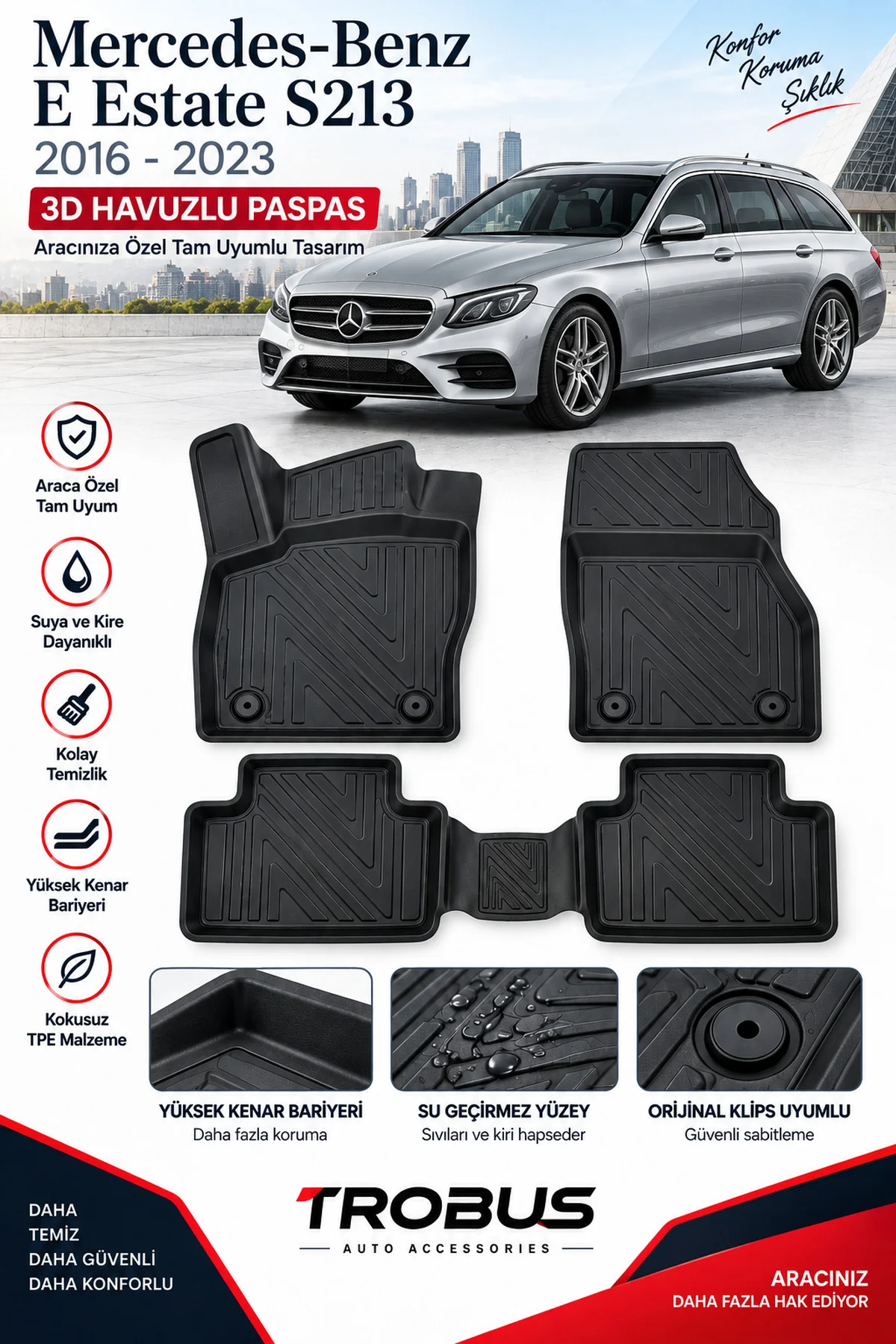 Mercedes E Serisi Estate S213 2016-2023 Karbon Desenli Premium 3D Havuzlu Oto Paspas