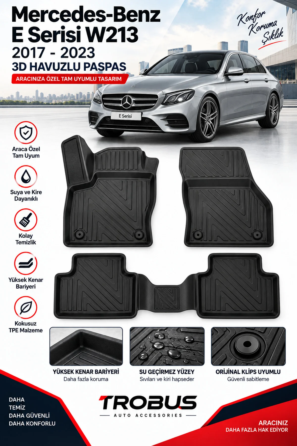 Mercedes E Serisi W213 2017-2023 Karbon Desenli Premium 3D Havuzlu Oto Paspas