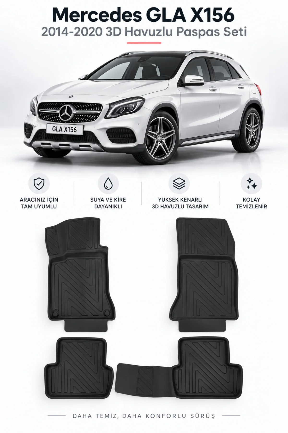 Mercedes GLA X156 2014-2020 Karbon Desenli Premium 3D Havuzlu Oto Paspas