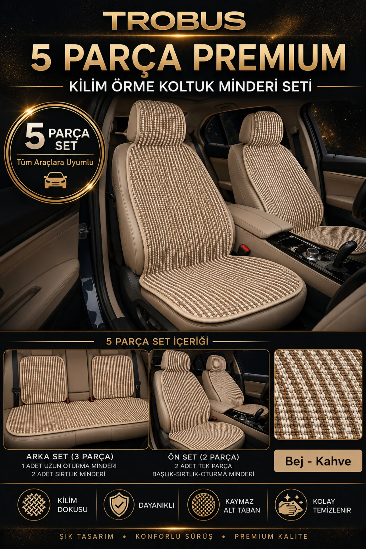 Mercedes GLC 2015 ve Sonrası Uyumlu Premium Örme Kilim 5 Parça Minder Bej