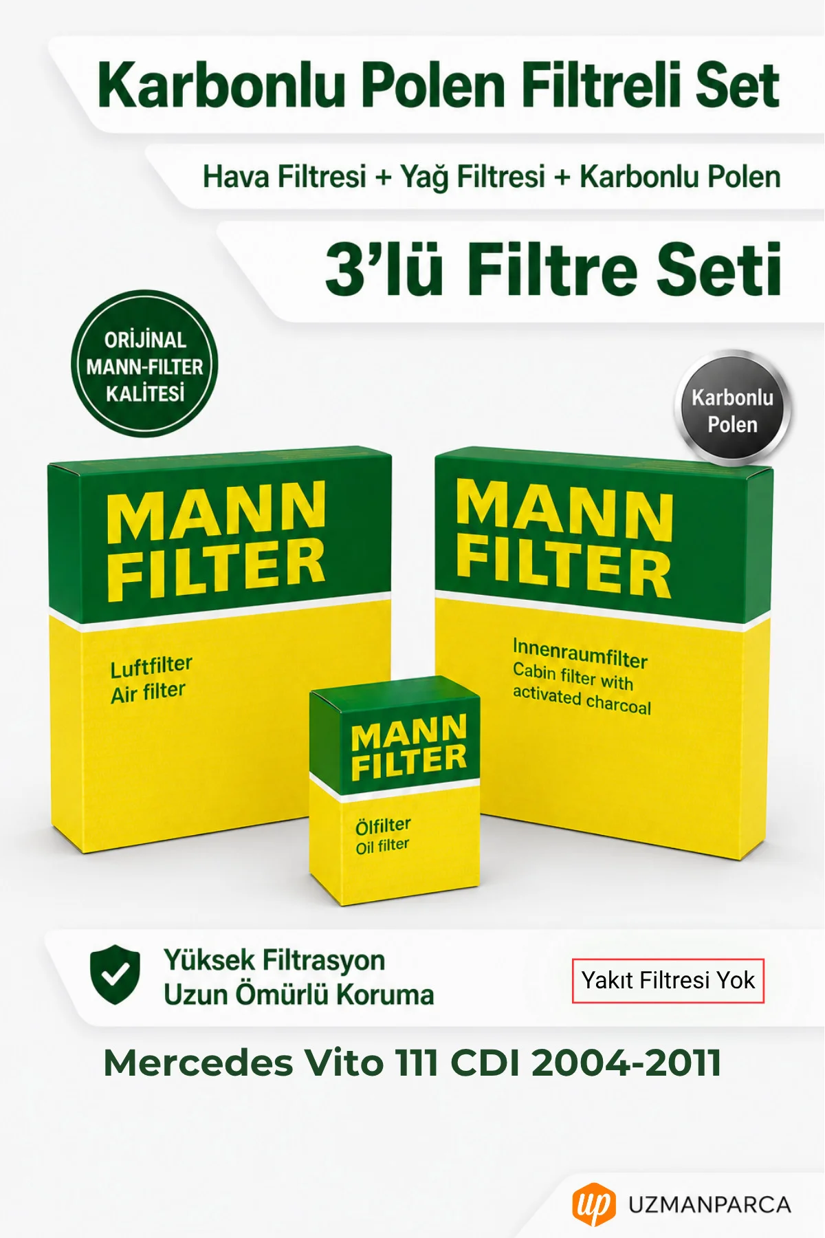 Mercedes Vito 111 CDI 2004-2011 MANN Filtre Seti (3’lü / 3 Parça) Karbonlu Polen + Hava + Yağ Filtresi (Yakıt Yok) Mercedes Vito 111 CDI 2004-2011 MANN Filtre Seti (3’lü / 3 Parça) Karbonlu Polen + Hava + Yağ Filtresi (Yakıt Yok)