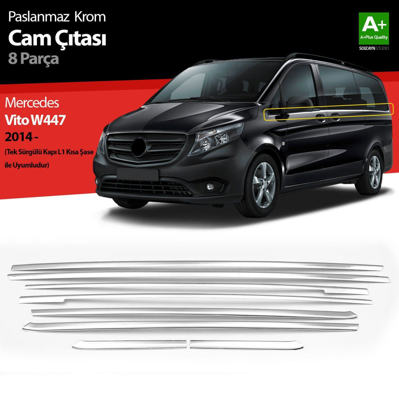 Mercedes Vito Uyumlu W447 Krom Cam Alt Çıtaları 8 Parça. (Tek Sür