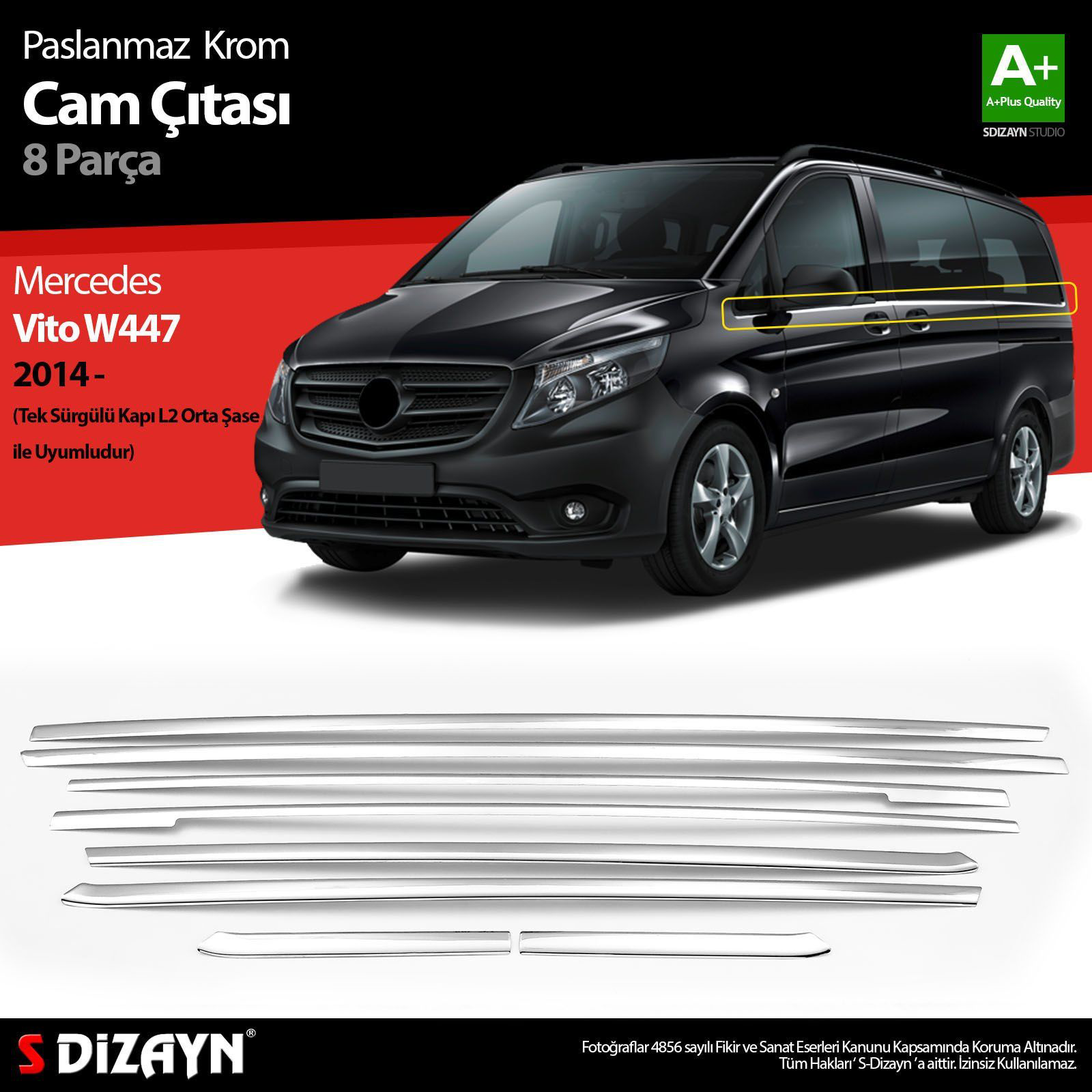 Mercedes Vito Uyumlu W447 Krom Cam Alt Çıtaları 8 Parça. (Tek Sür