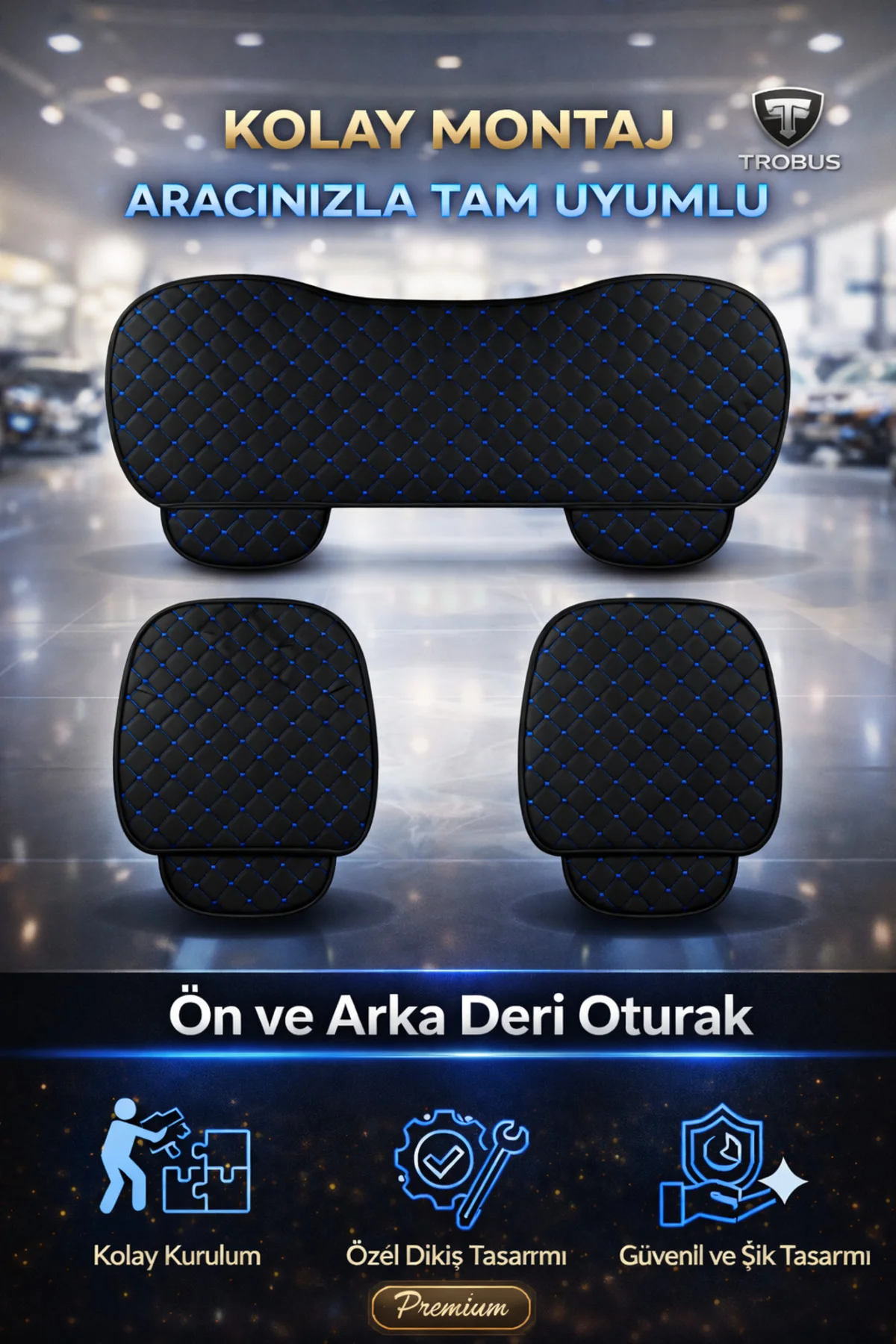 Mercedes W-210 1995-2002 Uyumlu 3 Parça Deri Oturak Oto Koltuk Minderi Terletmez Siyah - Mavi Fiyatı, Yorumları ve Özellikleri