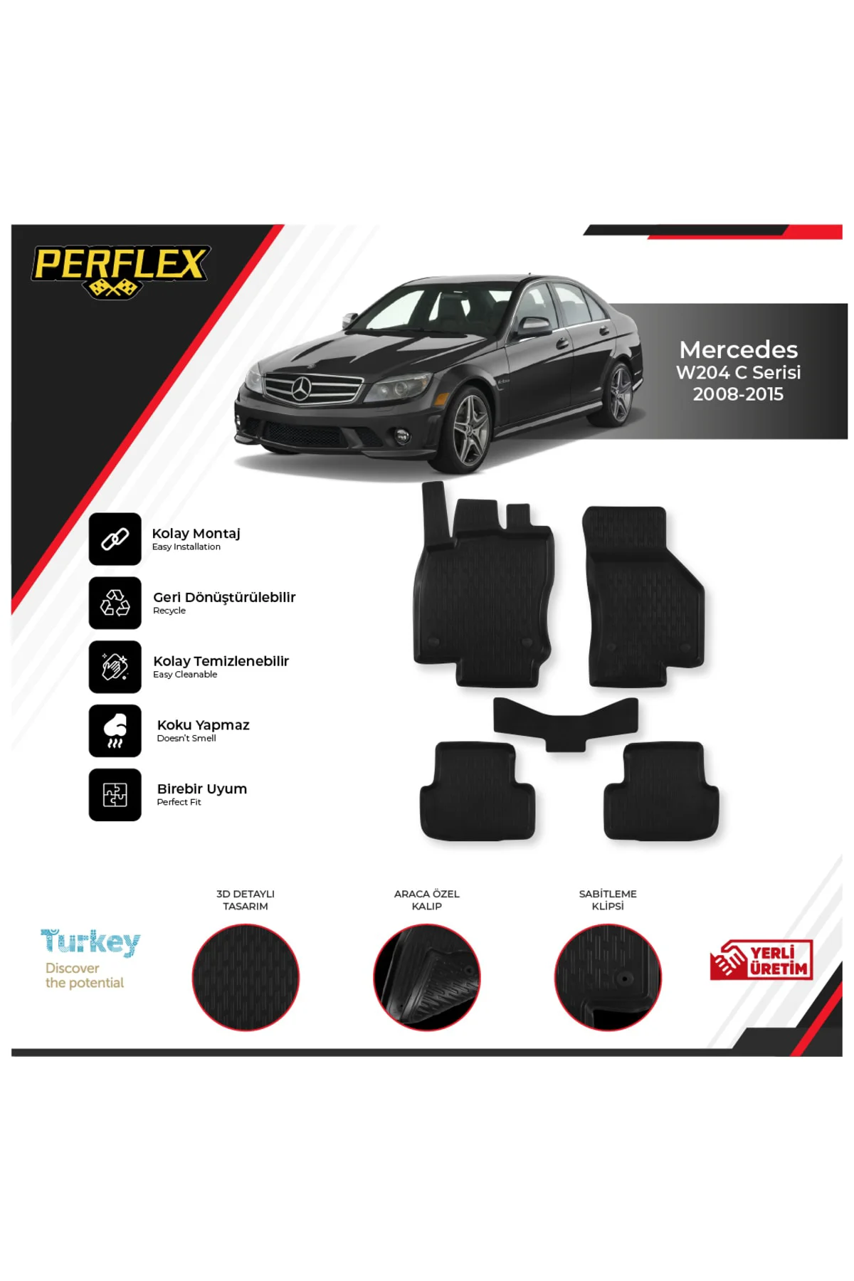Mercedes W204 C Serisi 2008-2015 Araca Özel 3d Havuzlu Paspas