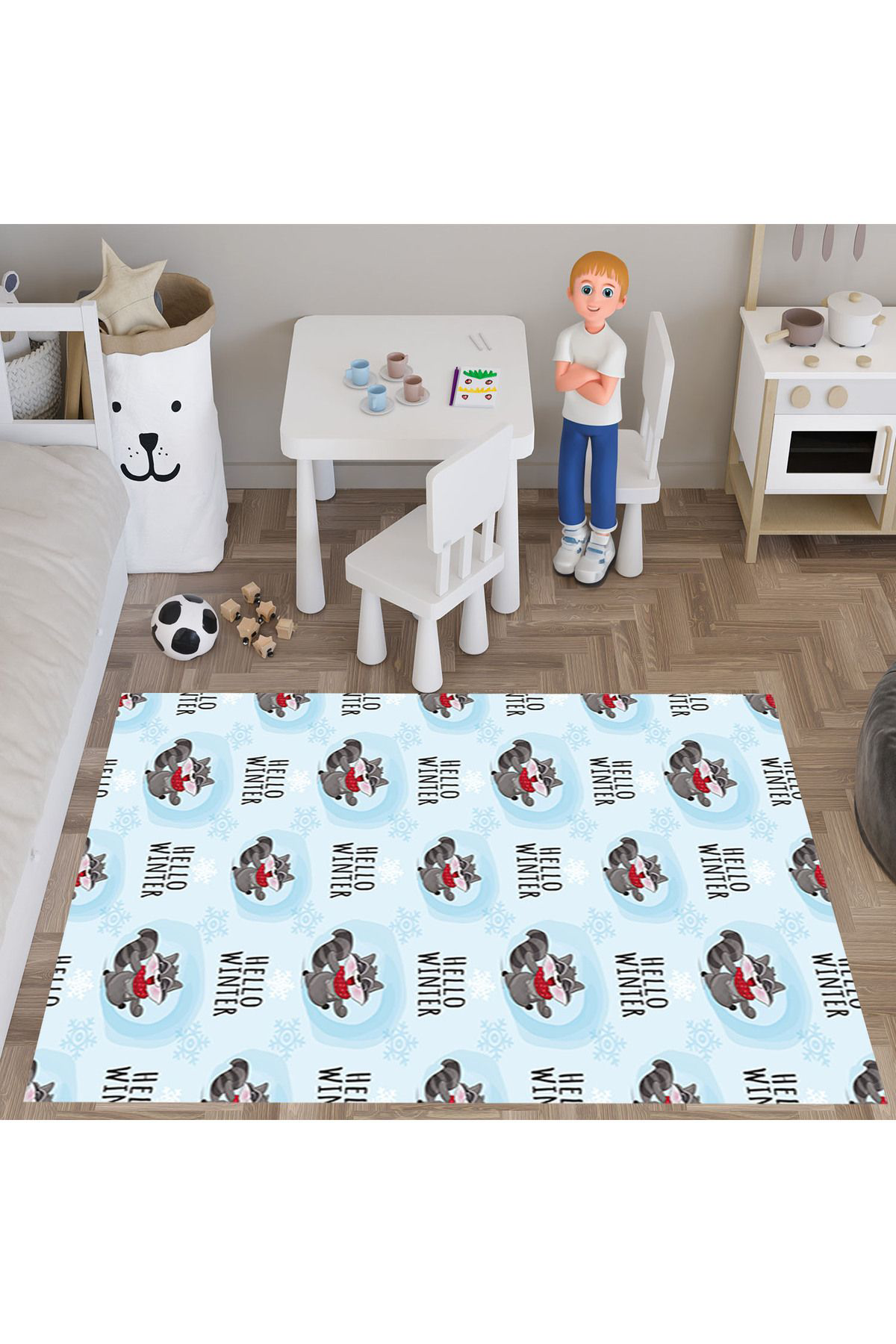 Evan Home Merhaba Kiş Desenli  Dijital Baski Yikanabilir Kaymaz Taban Çocuk Odasi Halisi