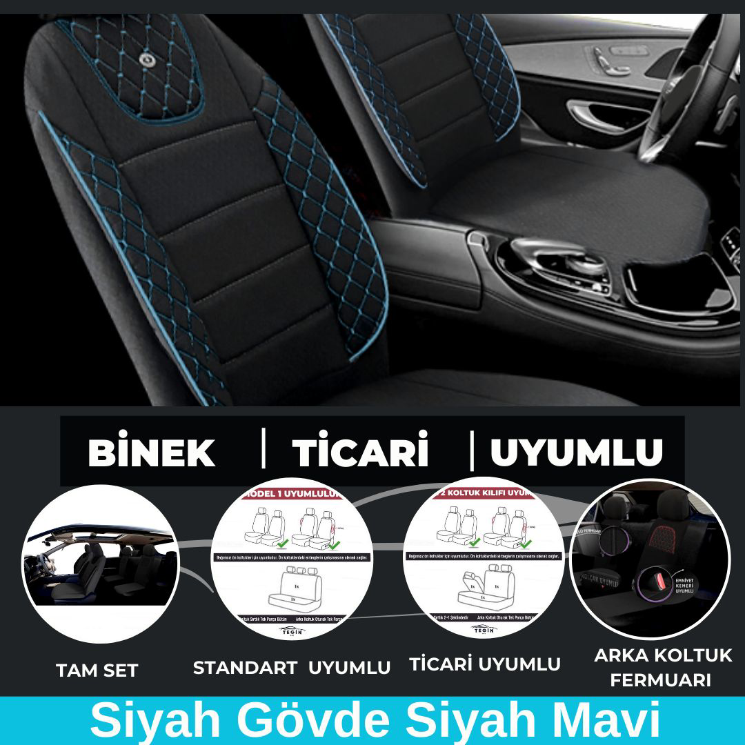 Merkür Serisi Siyah Pamuklu Kumaş Koltuk Kılıfı Siyah Mavi Ticari