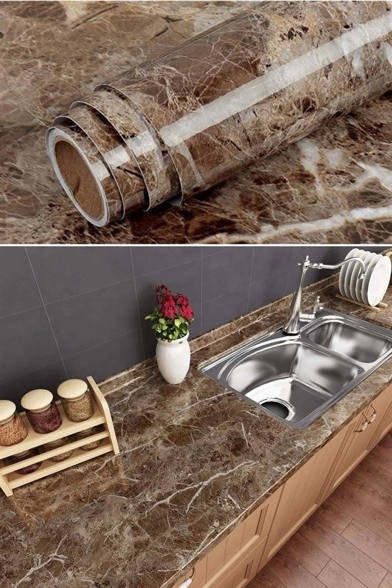 Mermer Desenli Masa Tezgah Mutfak Su Geçirmez Yapışkanlı Folyo St