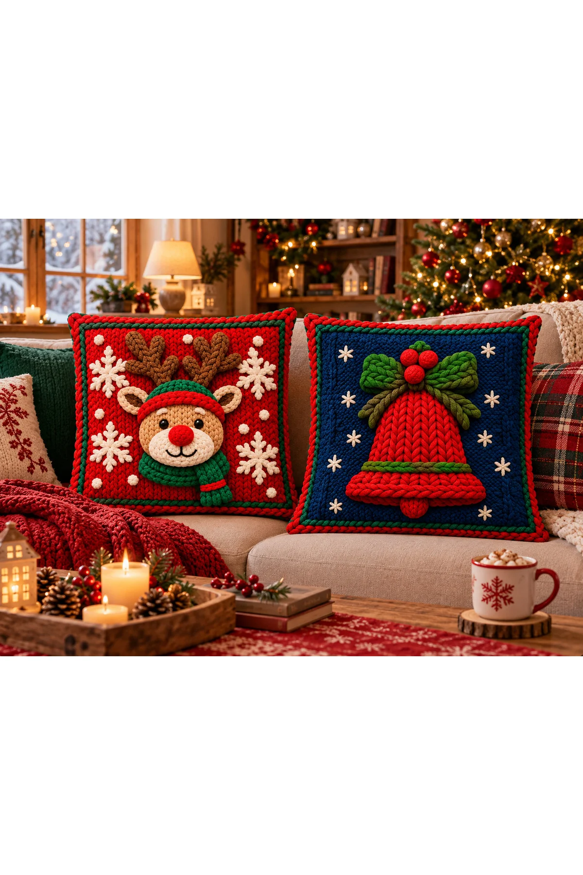 Merry Reindeer Yılbaşı Geyik ve Çan Desenli Kırmızı Lacivert 3D Örgü Görünümlü 2’li Dekoratif Kırlent Kılıfı Seti