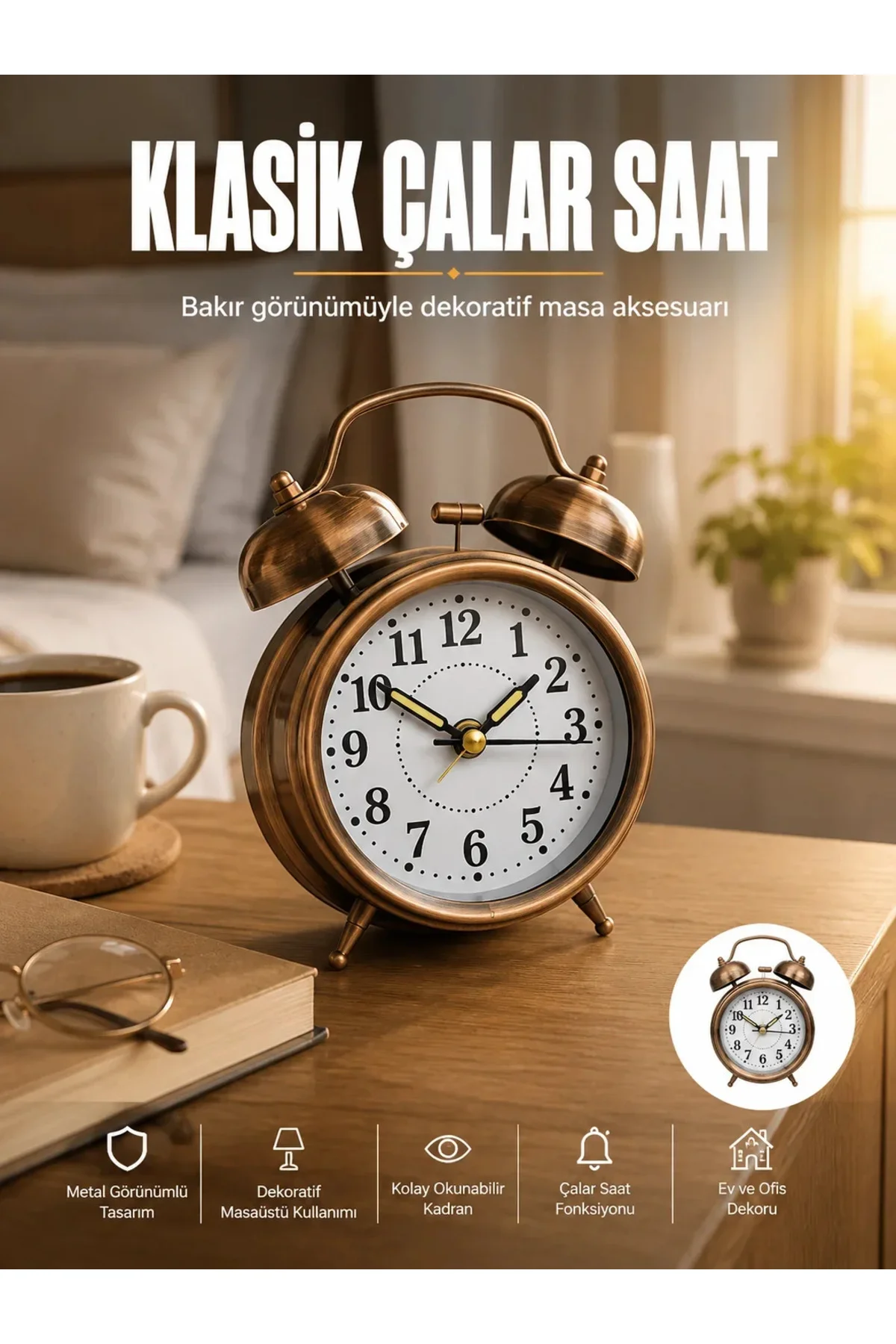 Metal Bronz Nostaljik Masa Saati Alarmlı Büyük Boy Sessiz Mekanizmalı Metal Bronz Nostaljik Masa Saati Alarmlı Büyük Boy Sessiz Mekanizmalı