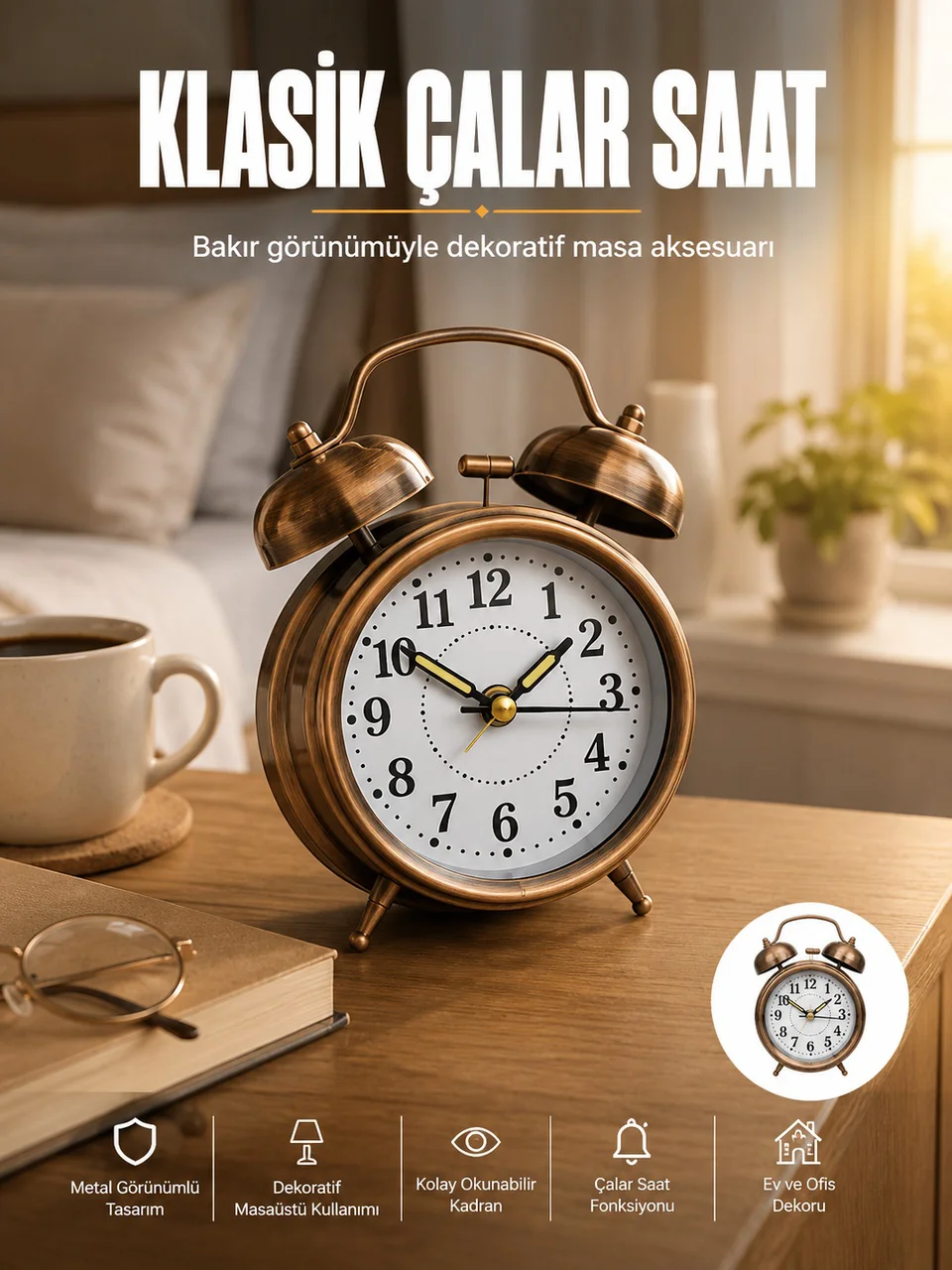 Metal Bronz Nostaljik Masa Saati Alarmlı Büyük Boy Sessiz Mekanizmalı - Lisinya Diğer Fiyatı, Yorumları ve Özellikleri