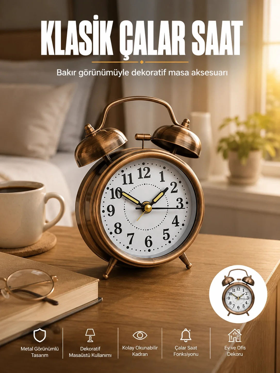 Metal Bronz Nostaljik Masa Saati Alarmlı Büyük Boy Sessiz Mekanizmalı Fiyatı, Yorumları ve Özellikleri