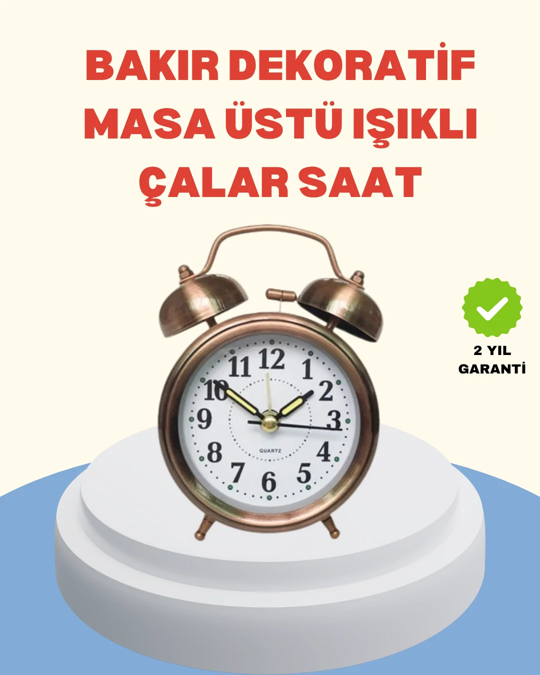 Metal Bronz Nostaljik Masa Saati Alarmlı Büyük Boy Sessiz Mekaniz