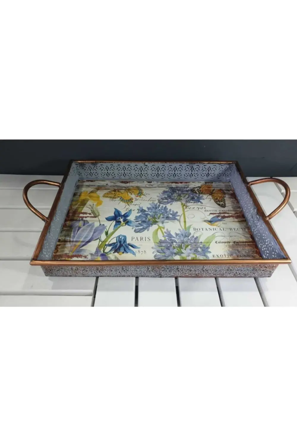 Metal Çiçek Desenli Tepsi Dikdörtgen