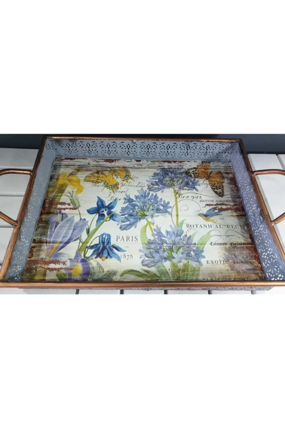 Metal Çiçek Desenli Tepsi Dikdörtgen