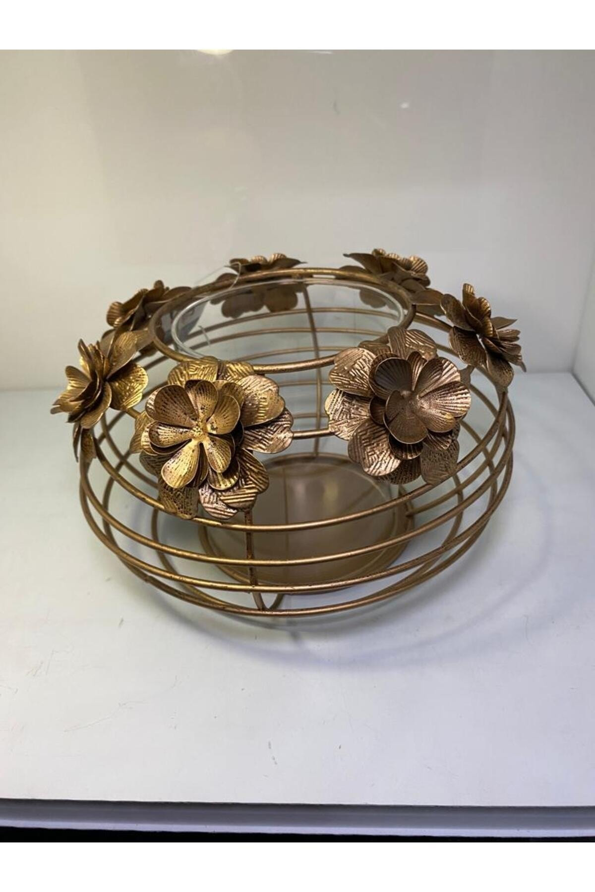 Elif Aksesuar Metal Çiçekli Dekoratif Camlı Mumluk