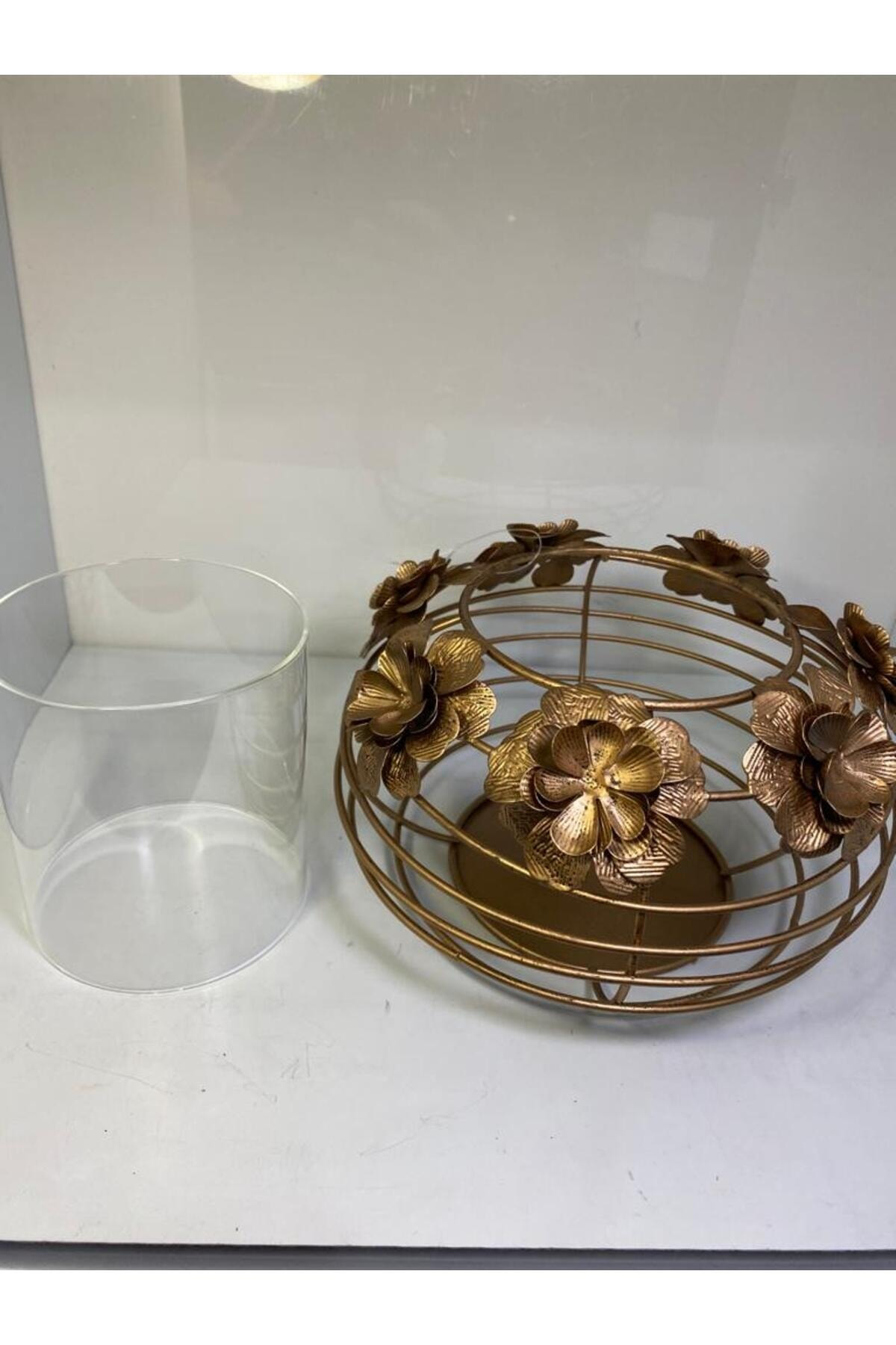 Elif Aksesuar Metal Çiçekli Dekoratif Camlı Mumluk