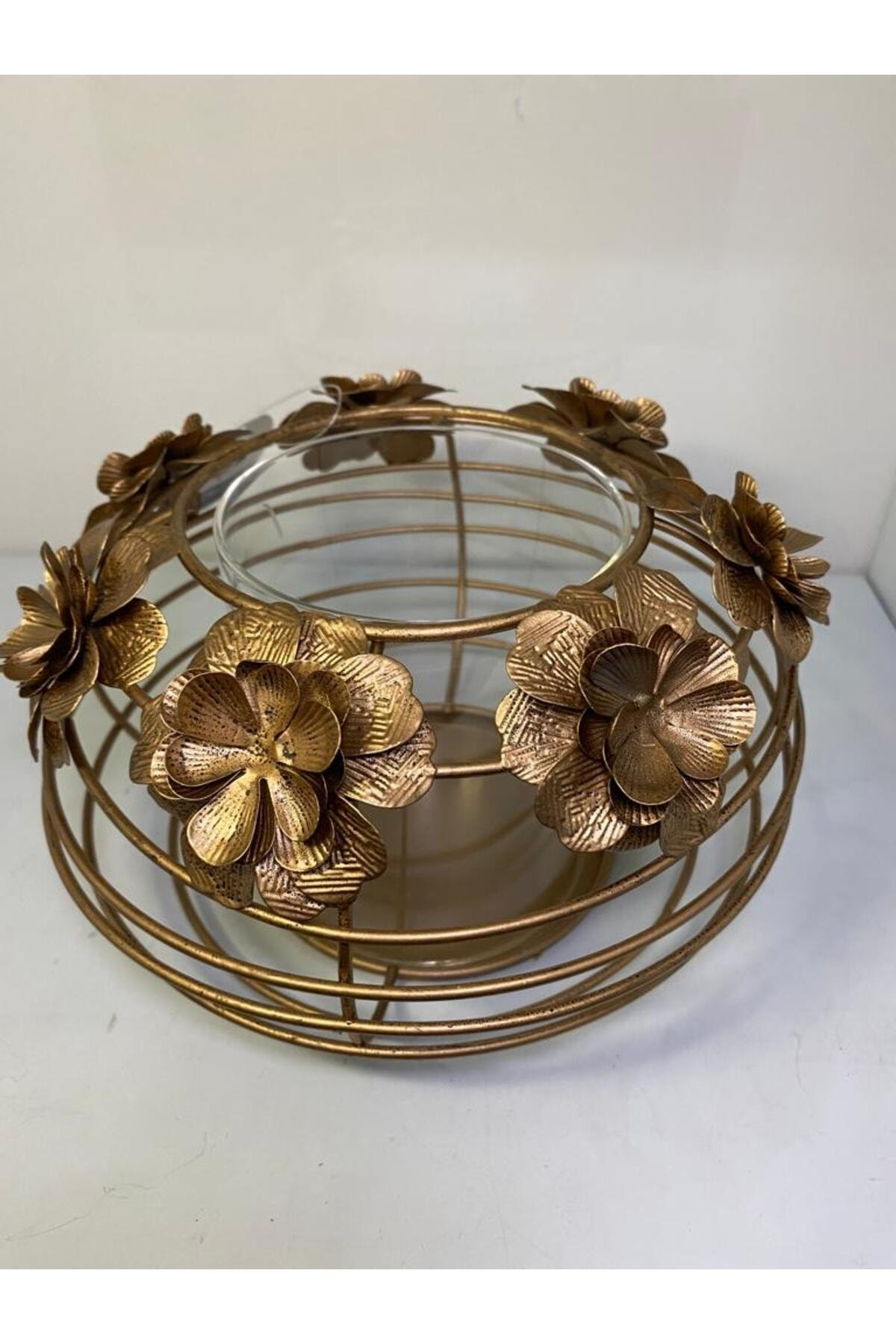 Elif Aksesuar Metal Çiçekli Dekoratif Camlı Mumluk