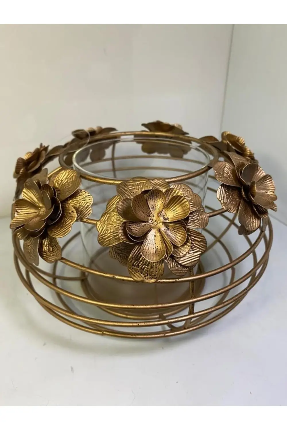 Metal Çiçekli Dekoratif Camlı Mumluk