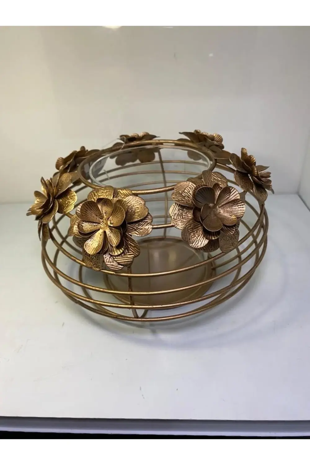 Metal Çiçekli Dekoratif Camlı Mumluk